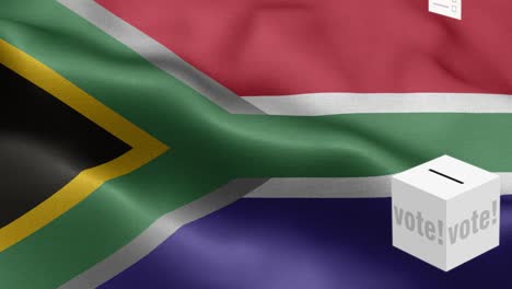 las papeletas de votación vuelan a la caja para la selección de sudáfrica - caja de votación frente a la bandera - elección - voto - bandera de suráfrica - bandera de sudáfrica alto detalle - bandera nacional de sudáfrica patrón de onda elementos loopable