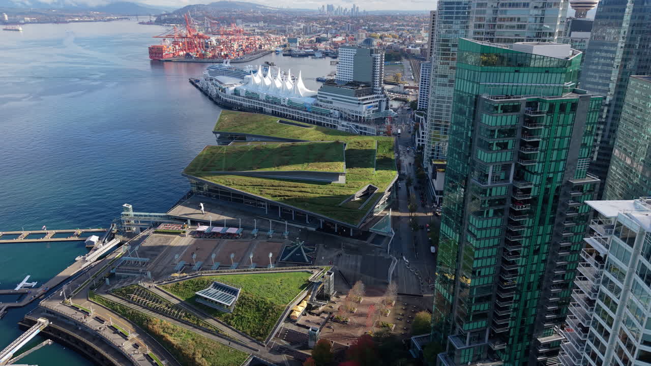 Aerial Over Vancouver Convention Centre with Surrounding High-Rises