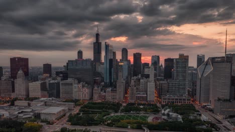 aerial view of chicago skyline during sunset hyperlapse