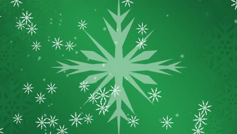 animación de nieve cayendo sobre copos de nieve en navidad, sobre un fondo verde