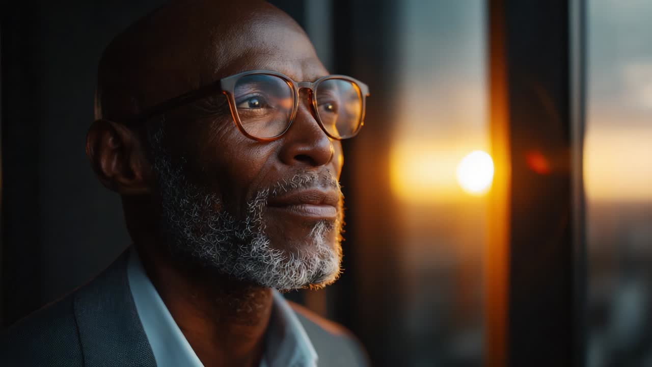 Contemplative Portrait of a Thoughtful Man Gazing Out a Window at Sunset, Capturing Reflection, Inner Peace, and the Beauty of Life's Moments in Soft Natural Light