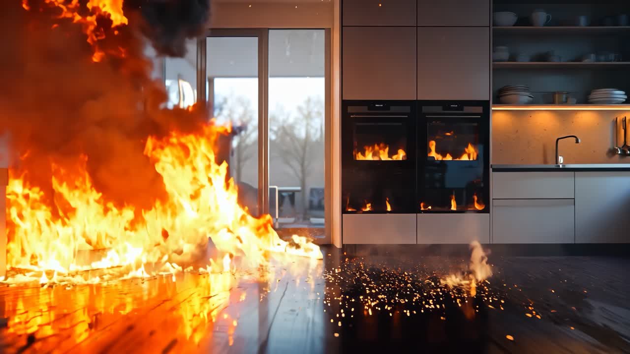 A kitchen with a fire burning in the middle of it