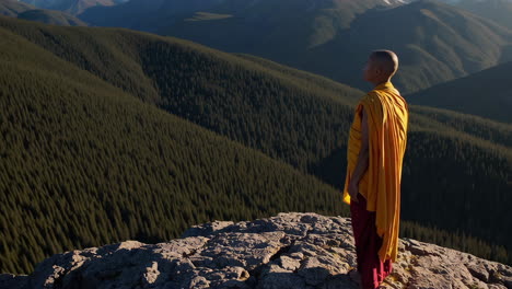 monk contemplating mountain view