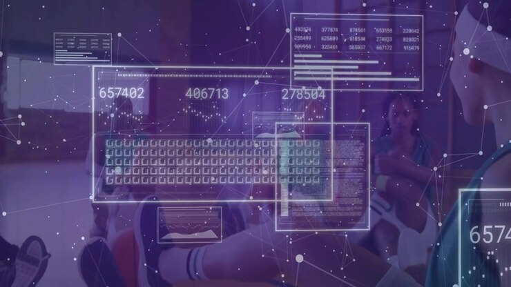 Six spin class riders pedaling bikes in studio causing floating data panels cycling metrics