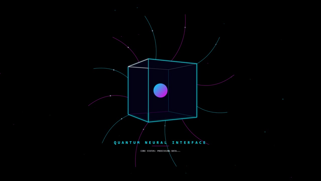 Futuristic Quantum Neural Interface Data Processing Animation