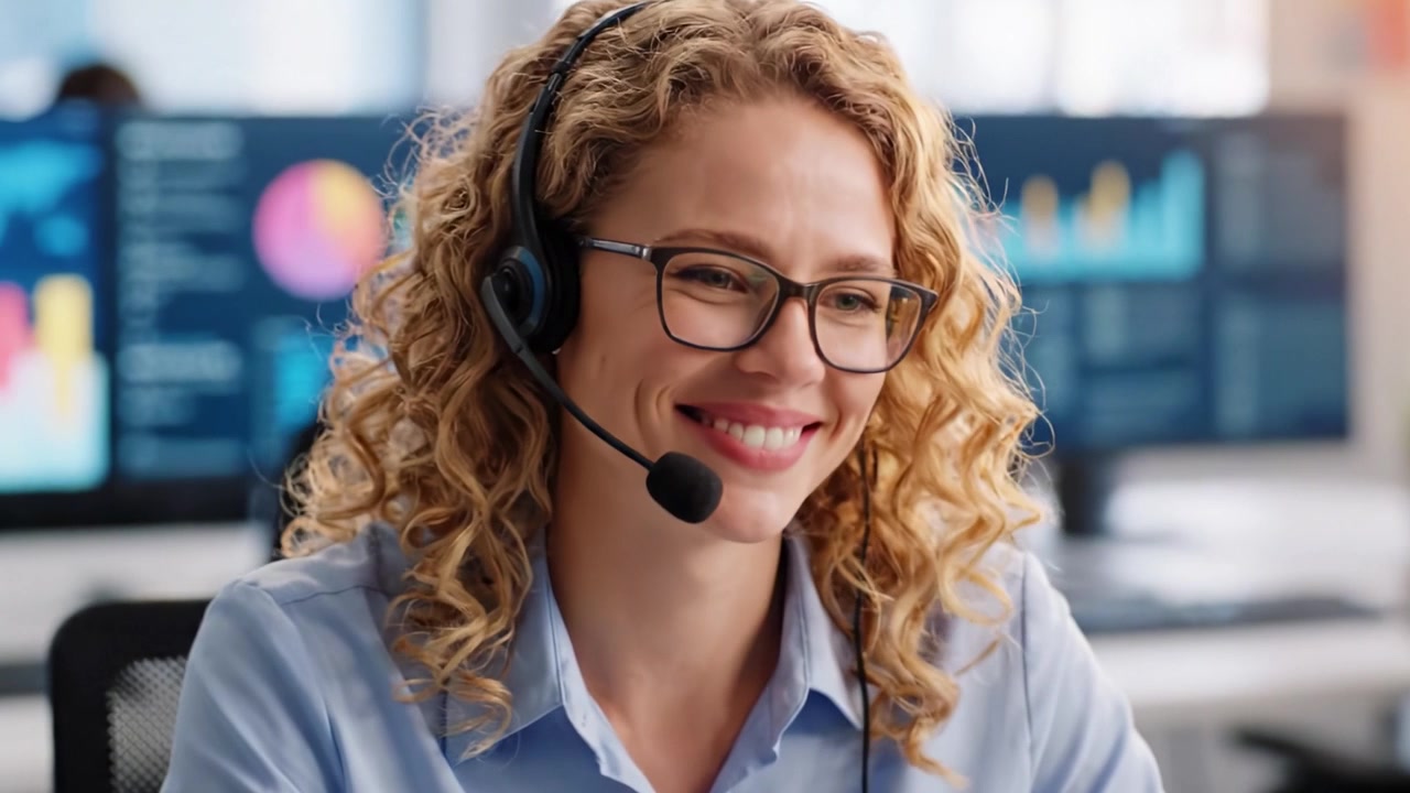 Operatore del servizio clienti attento con cuffie che assiste professionalmente i clienti in un moderno ambiente d'ufficio, trasmettendo fiducia e professionalità.