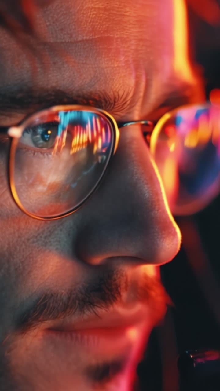 Close-Up of a Thoughtful Individual in Vibrant Lighting, Capturing Intense Focus and Emotion in a Colorful, Glimmering Environment