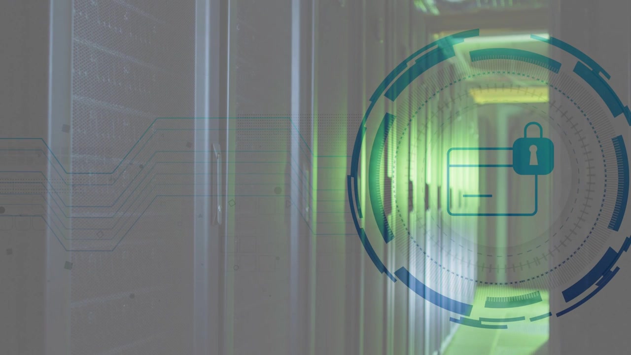 Server corridor hosting faint graphic appearing upper-right, HUD expanding, pulsing, securing racks