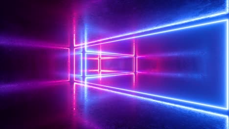 fondo abstracto, marcos de neón, vuelo hacia adelante dentro de un túnel sin fin, luz ultravioleta, líneas brillantes azules rosas, animación en bucle