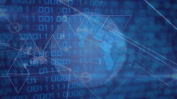 Animation of binary code, globe and connections on blue background