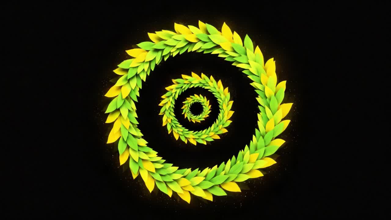 A Captivating Spiral of Vibrant Green Leaves Forming an Enchanting Circular Pattern Against a Dark Background, Highlighting Nature's Beauty in Art