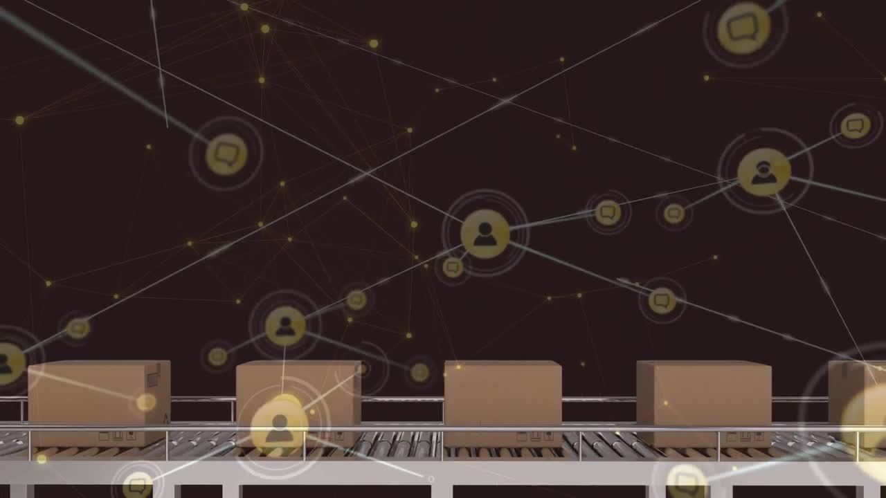 컨베이어 벨트에 있는 상자 위의 아이콘으로 연결된 네트워크의 애니메이션