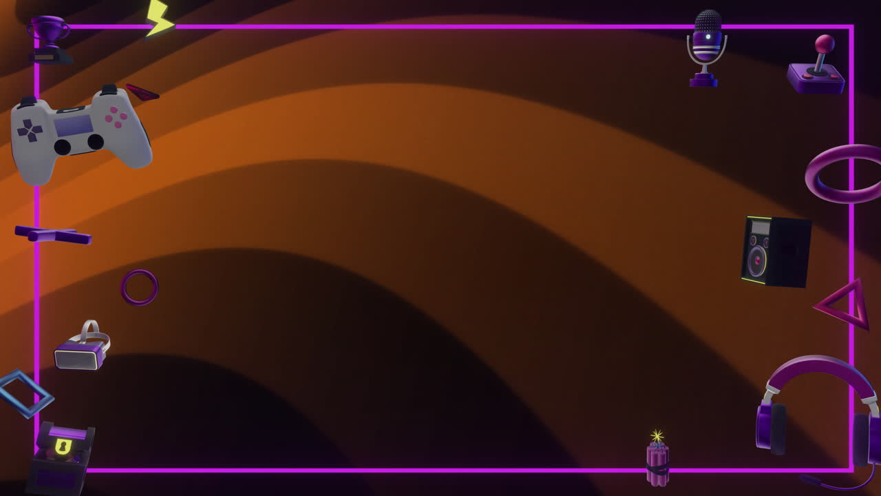 Animation of game controllers, shapes, icons and pink frame over flashing orange stripes