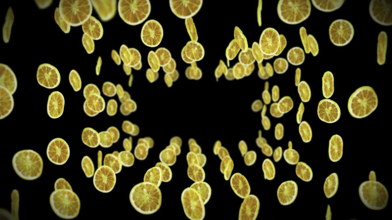 volando muchos limones secos en fondo negro. frutas deshidratadas, concepto de alimentos. animación 3d de frutas cortadas limones girando. animación de bucle.