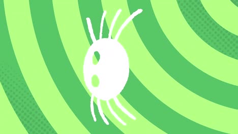 animation of white spider icon over green stripes patterned background