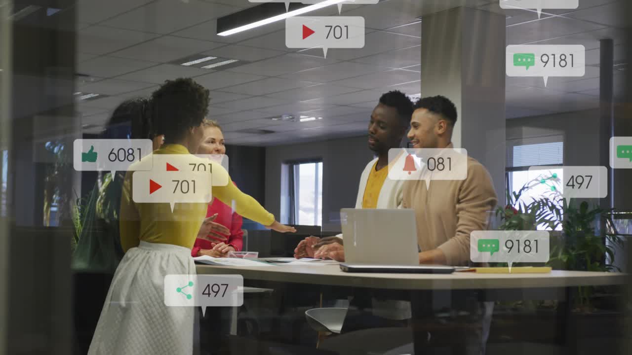 Team of five discussing at laptop, marketing metrics appearing, moving to huddle celebrating growth
