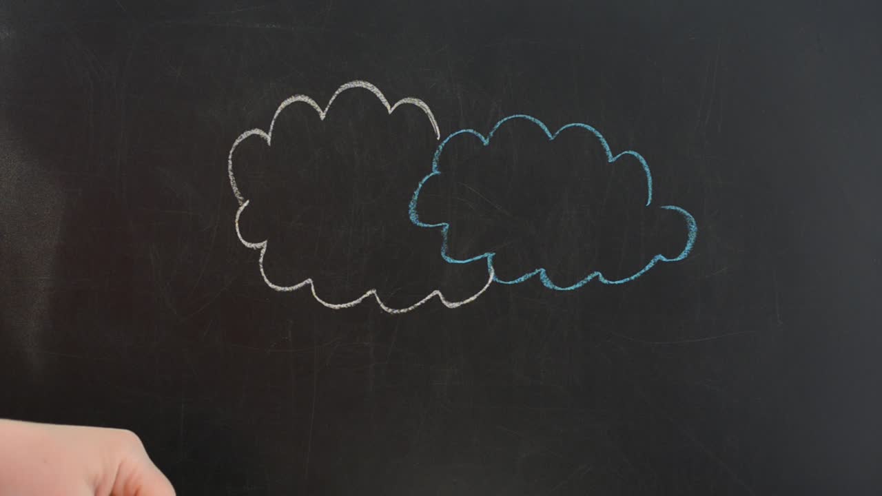 We draw a cloud and a rain. We draw chalk on a board