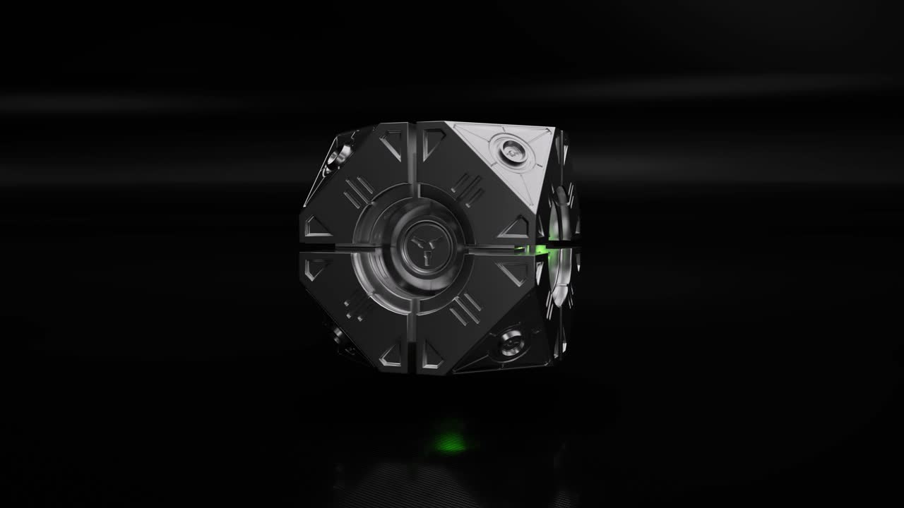 Sci-fi, alien metallic artifact 3D model on black background, 3D animation