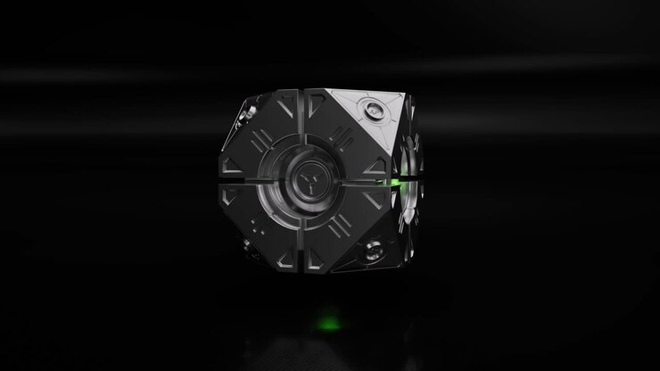 Sci-fi, udenjordisk metallisk artefakt 3D-model på sort baggrund, 3D-animation