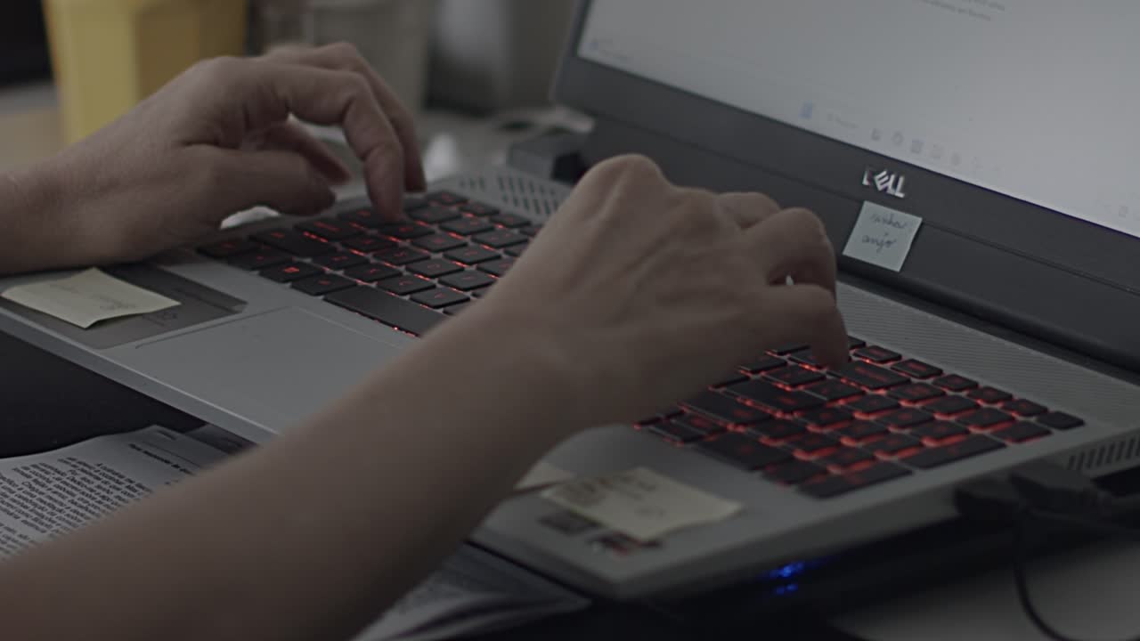 Sticky note reminders, Qwerty keyboard typing, slow motion scenery