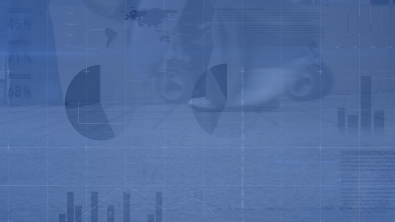 Animation of statistical data processing against mid section of people walking on the street