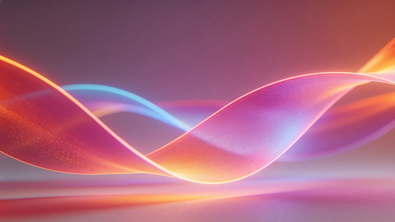 Flowing pink ribbon and blue bands shifting across gradient, camera panning revealing sparkle plane