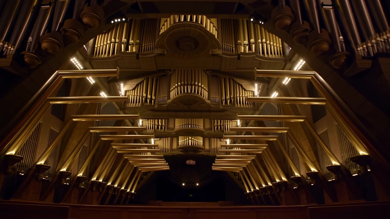 Inquadratura simmetrica ad angolo basso di un monumentale organo a canne che occupa la porzione centrale superiore di una sala da concerto, con più file di alte canne metalliche alloggiate in una struttura ornata
