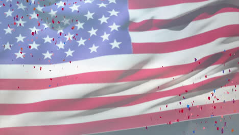 Waving-American-flag-with-red-and-blue-confetti-animation-in-background