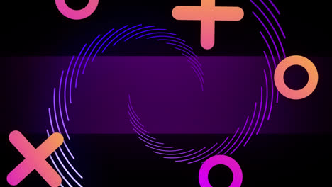 animación de cruces y anillos naranjas y rosas, con espiral púrpura sobre fondo negro