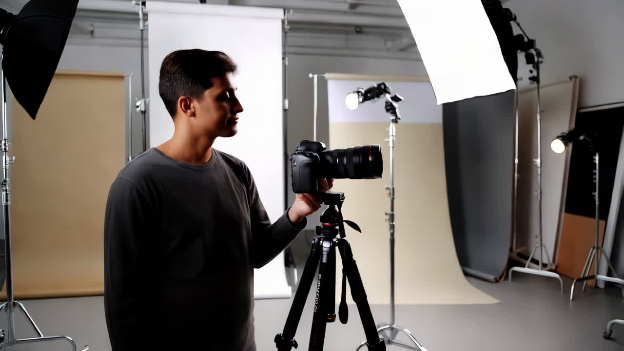 Photographer in a studio with camera and tripod