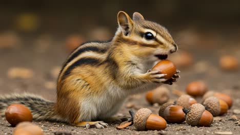 a chipmunk forages for acorns in autumn, gathering food among fallen nuts on a forest floor, showcasing nature’s beauty and wildlife in action