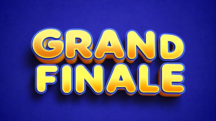 Grand Finale: Fed, gylden 3D-annonceringstekst fremvist på en dybblå reklamebaggrund.