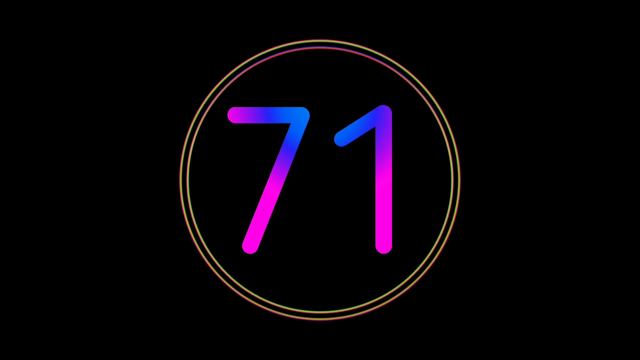 Neon nummer 71 animation, glødende flimrende gradient blå pink digital futuristisk LED numerisk loop, abstrakt teknologi i cirkellys, bevægelsesgrafik, moderne minimal sort baggrund