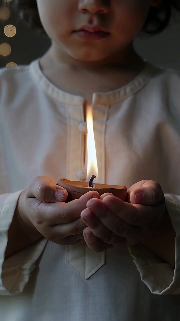 Vertical video: Cradling lit diya child steadying cupped hands shielding flame at home in tan tunic
