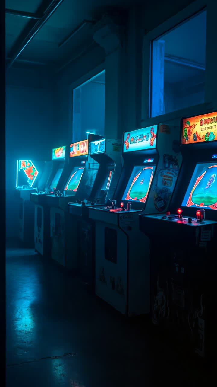 Neon-lit Retro Arcade Machines in a Dark Room