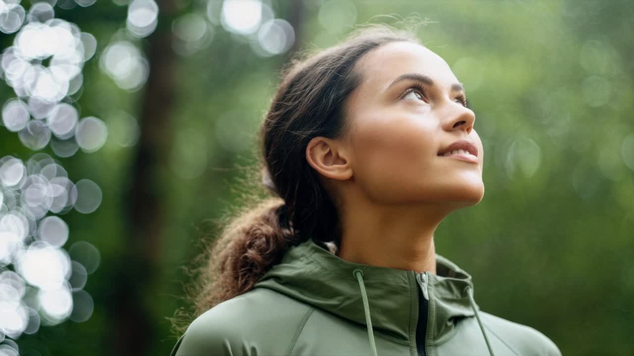 Close-up video still of a serene woman in a forest, eyes closed, wearing a green jacket