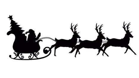 digital animation of black silhouette of santa claus and christmas tree in sleigh