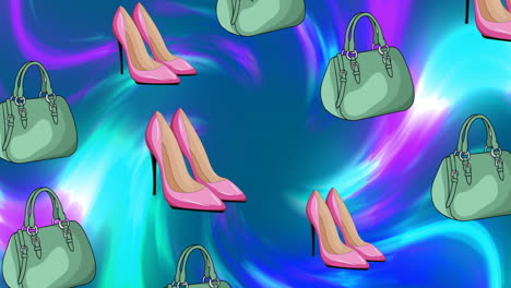 animation of green shoes and handbags on colourful background