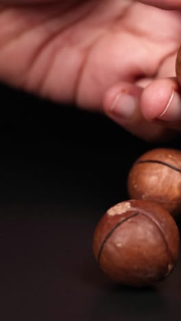 Hands cracking macadamia nuts with a tool