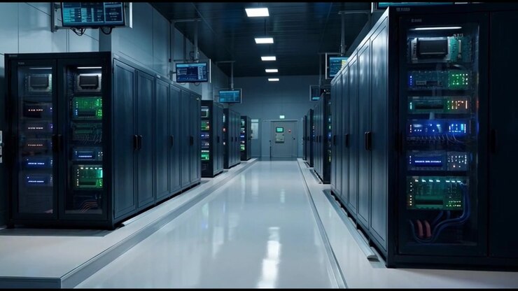Modern Data Center Server Room with Rows of Racks