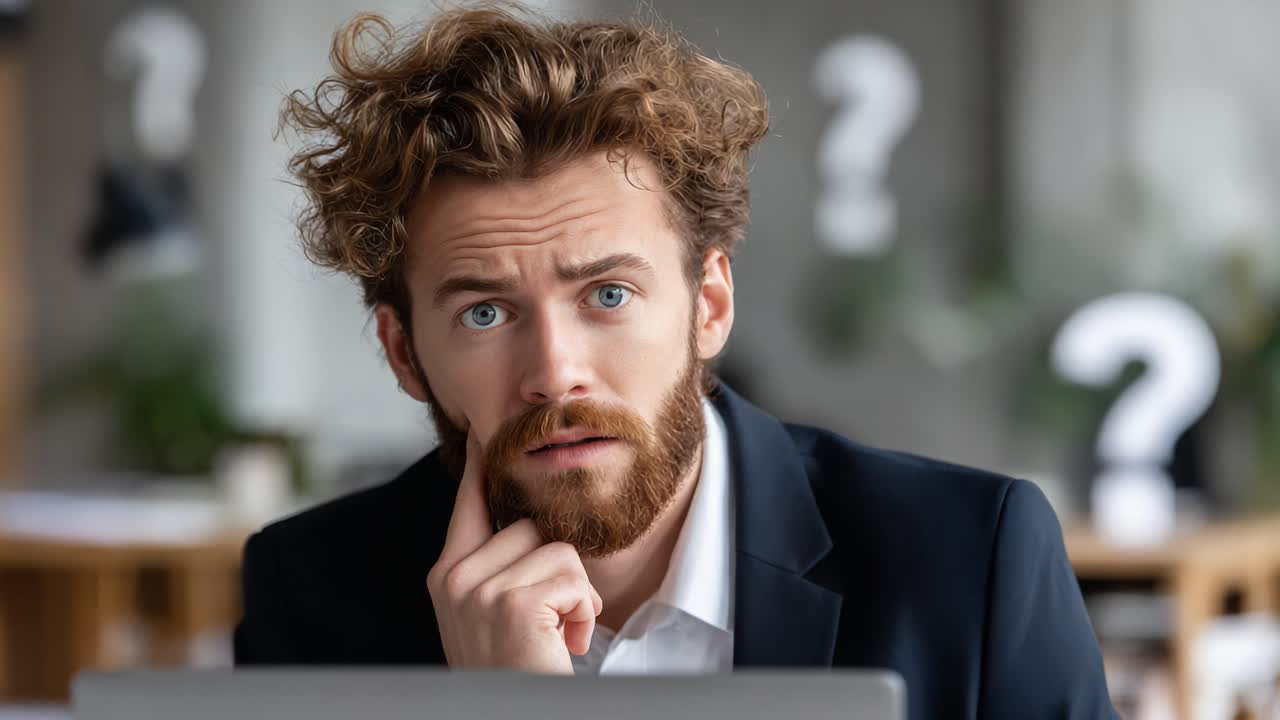 A Pensive Businessman Contemplating Challenge: A Journey Through Uncertainty and Decision-Making Amidst Questions in Modern Work Environment