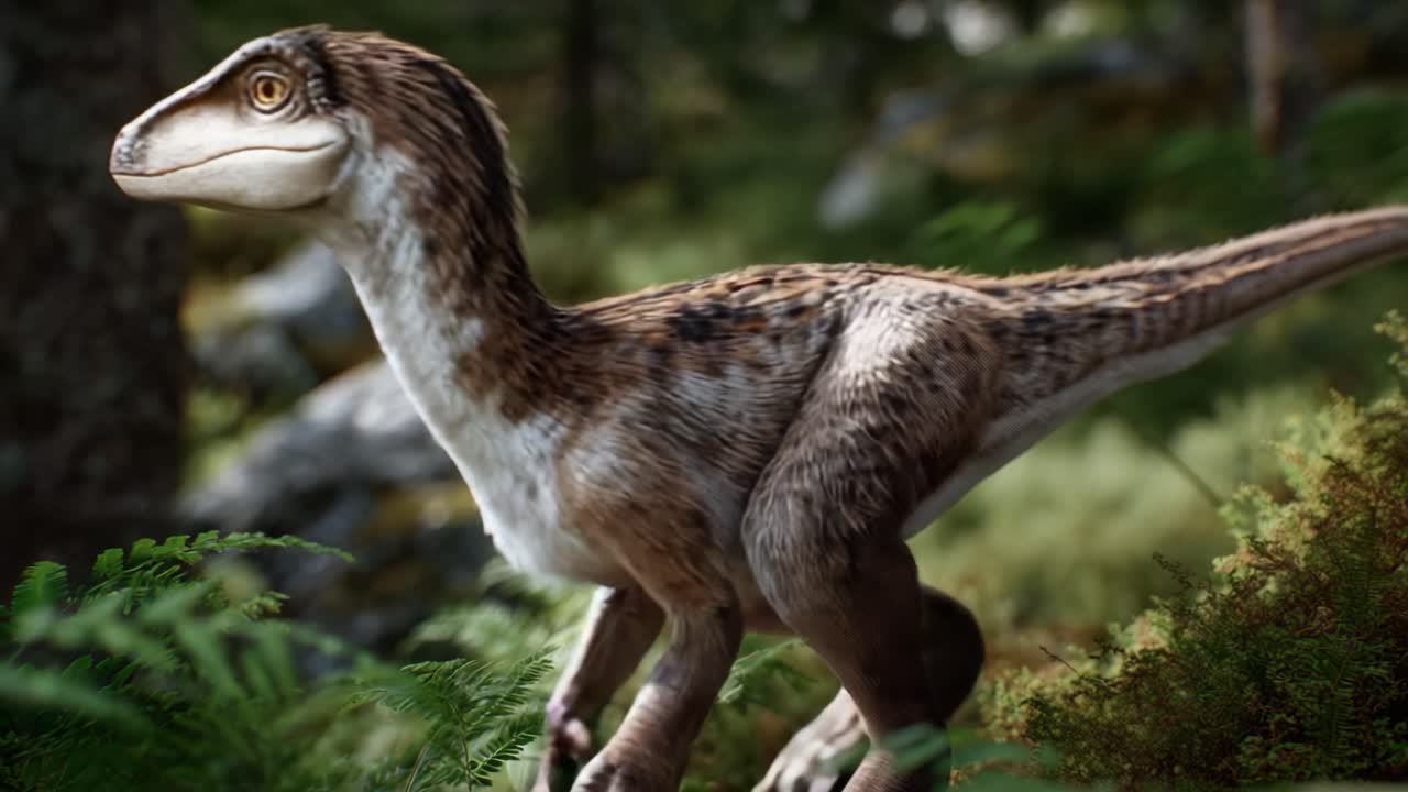 Una rappresentazione realistica di un dinosauro piumato tra felci lussureggianti in un ambiente di fitta foresta, che mostra le creature preistoriche della natura.