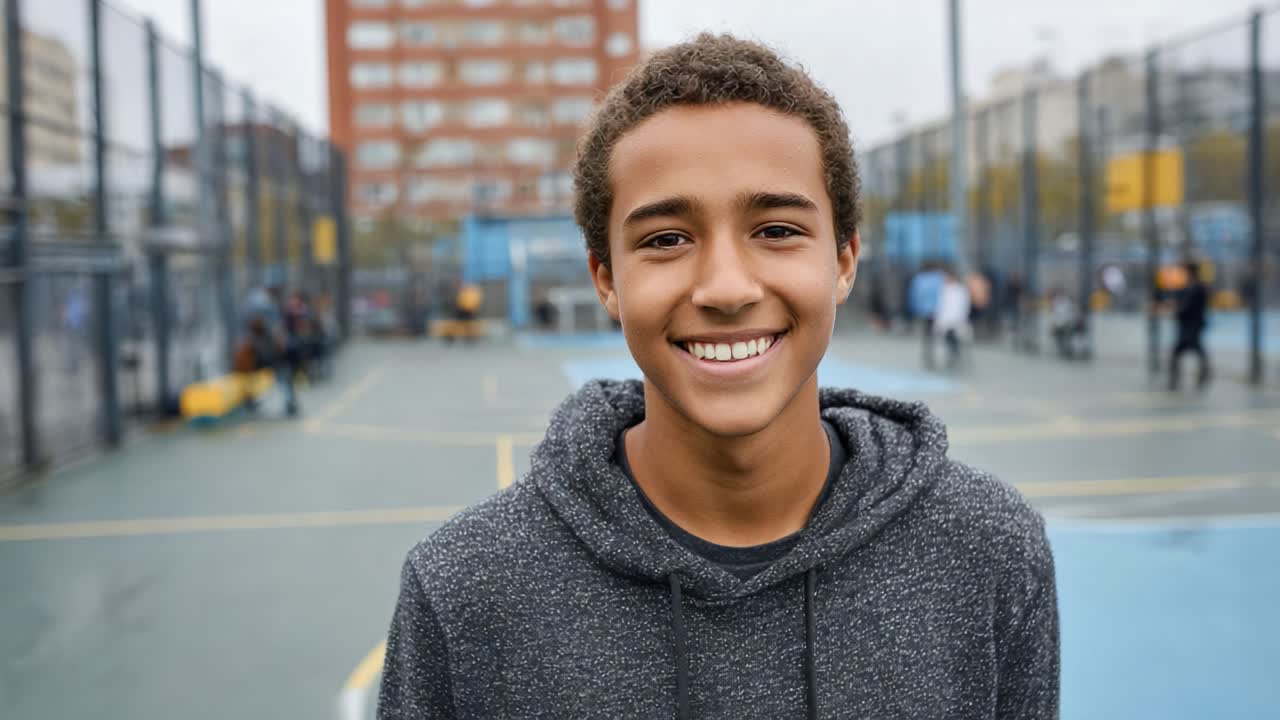Ragazzo Giovane e Gioioso su un Campo Sportivo, che Irradia Felicità e Fiducia in un Parco Giochi Urbano con Amici Impegnati in Attività sullo Sfondo