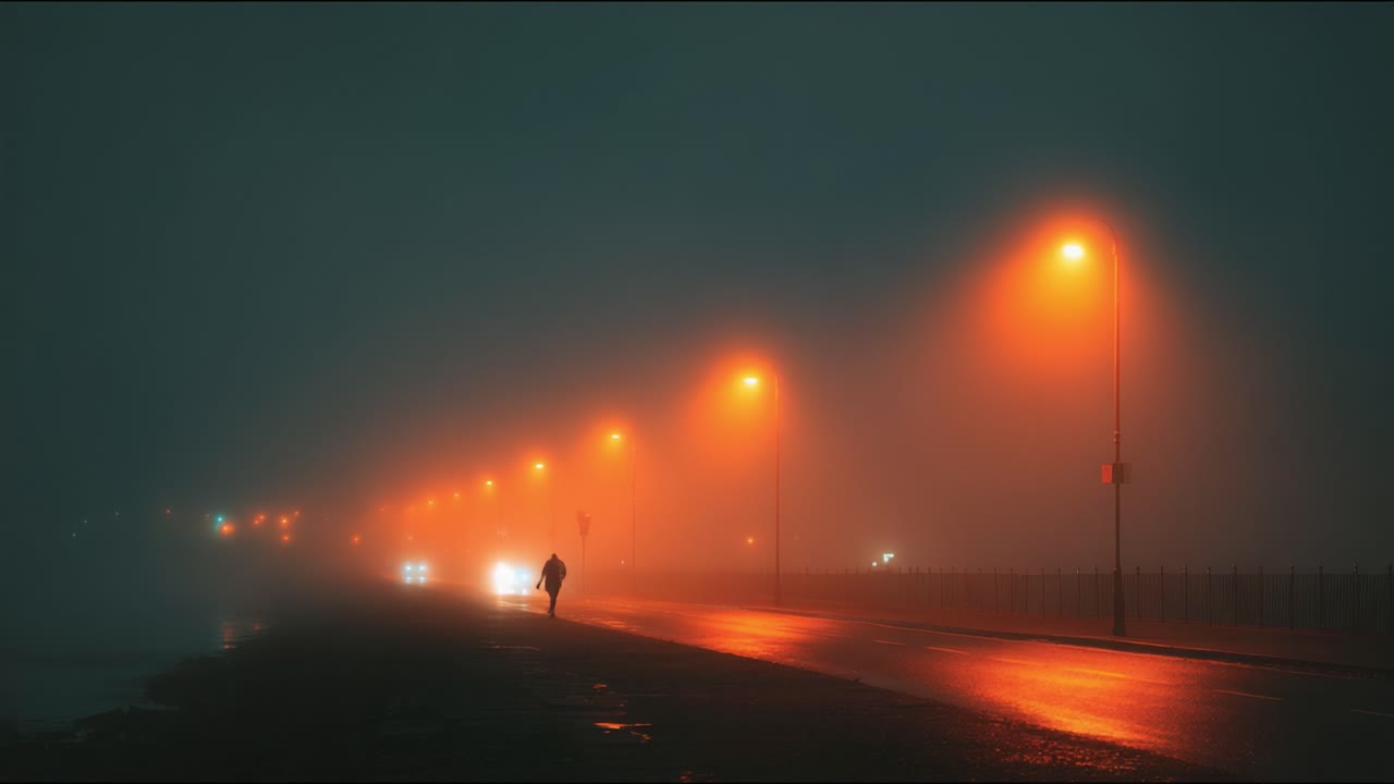 A solitary figure walks along a dimly lit street shrouded in thick fog, with glowing streetlights illuminating the empty road and surrounding atmosphere