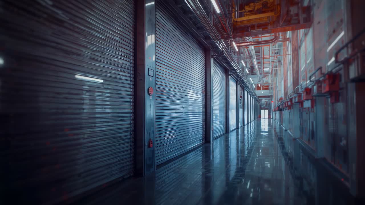 Tracking camera moving along industrial corridor, with LEDs reflecting on shutter doors and panels