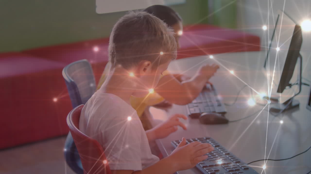 red brillante de conexiones contra el niño caucásico que usa computadora en la escuela