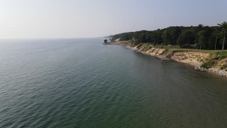 rise line track from the air of the reinforced erosion barriers on lake michigan