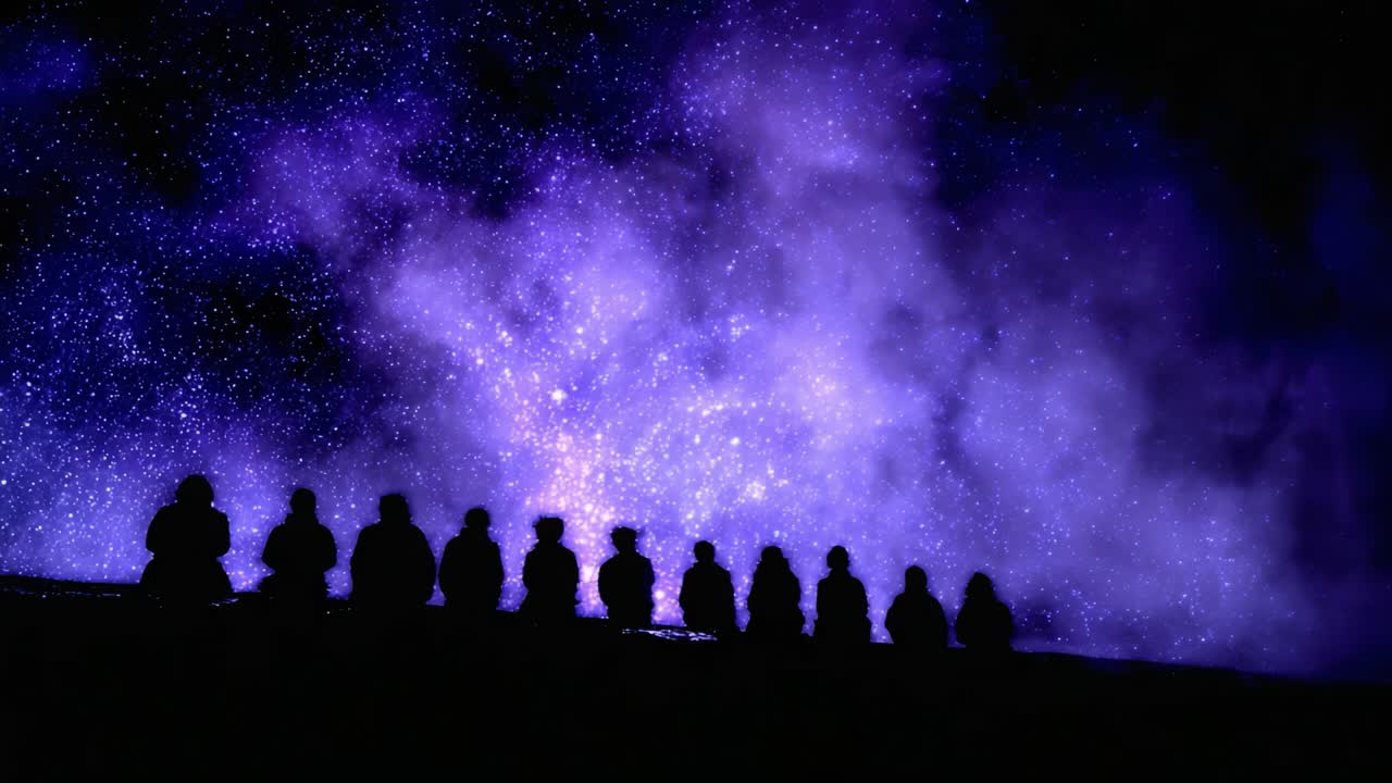 A Gathering of Silhouettes Against a Cosmic Backdrop: Observers Marveling at the Majestic Beauty of a Starry Night Sky Filled with Cosmic Wonders