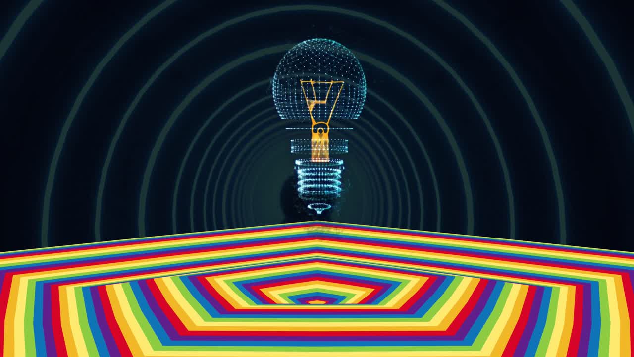 Animation of bulb over moving coloured hexagonal surface with dark background