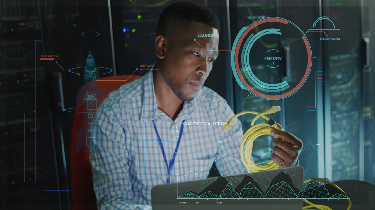 Animation of digital data processing over afrcian american it male engineer by computer servers